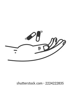 hand drawn doodle hand holding tablet pill capsule illustration vector