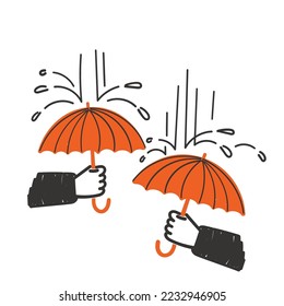 hand drawn doodle hand holding umbrella in the rain illustration