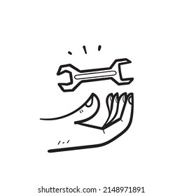 hand drawn doodle hand holding wrench illustration vector