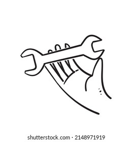 hand drawn doodle hand holding wrench illustration vector