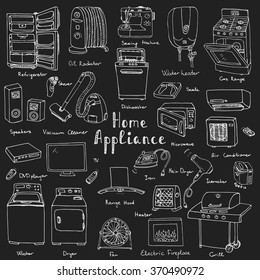 Hand drawn doodle Home appliance vector illustration Cartoon icons set Various household equipment and facilities Major and small appliances Consumer electronics Kitchenware Freehand vector sketches