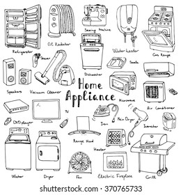 Hand drawn doodle Home appliance vector illustration Cartoon icons set Various household equipment and facilities Major and small appliances Consumer electronics Kitchenware Freehand vector sketches