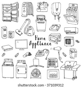 Hand drawn doodle Home appliance vector illustration Cartoon icons set Various household equipment and facilities Major and small appliances Consumer electronics Kitchenware Freehand vector sketches