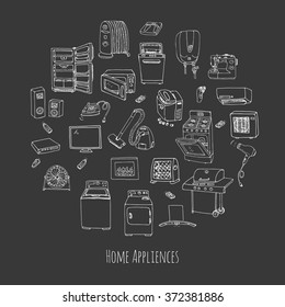 Hand Drawn Doodle Home Appliance Vector Illustration Cartoon Icons Set Various Household Equipment And Facilities Major And Small Appliances Consumer Electronics Kitchenware Freehand Vector Sketches