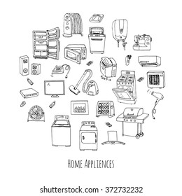 Hand drawn doodle Home appliance vector illustration Cartoon icons set Various household equipment and facilities Major and small appliances Consumer electronics Kitchenware Freehand vector sketches