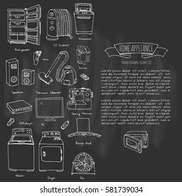 Hand drawn doodle Home appliance vector illustration Cartoon icons set Various household equipment and facilities Major and small appliances Consumer electronics Kitchenware Freehand vector sketches