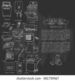 Hand drawn doodle Home appliance vector illustration Cartoon icons set Various household equipment and facilities Major and small appliances Consumer electronics Kitchenware Freehand vector sketches