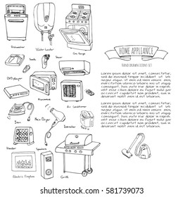 Hand drawn doodle Home appliance vector illustration Cartoon icons set Various household equipment and facilities Major and small appliances Consumer electronics Kitchenware Freehand vector sketches
