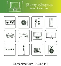 Hand drawn doodle home cinema set. Vector illustration. Isolated elements on white background. Symbol collection.