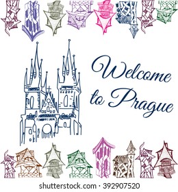 hand drawn Doodle home, welcome to Prague, background design for flyers, banners