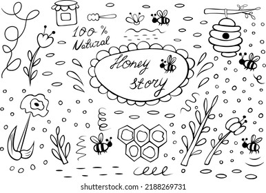 Conjunto de historias de miel de doodle dibujado a mano. Ilustración vectorial con abejas, panecillos, flores, colmena, miel y diferentes círculos y remolinos.