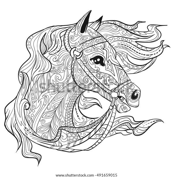 手描きの落書き風馬の顔ページ 動物の頭 アダルトカラーリングブック用のイラスト Tシャツにプリントできる ベクターイラスト のベクター画像素材 ロイヤリティフリー