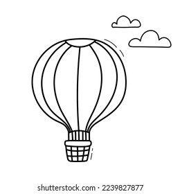 Doodle dibujado a mano de globo de aire caliente en nubes. Transporte aéreo para viajes. Esbozo vectorial Aislado sobre fondo blanco para libro de colores