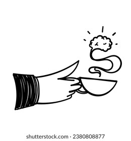 hand drawn doodle hot coffee cup with brain illustration vector