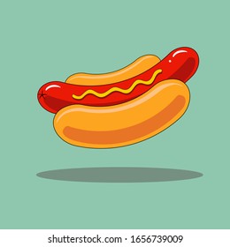 Hand Drawn Doodle Hot Dog With Long Appetizing Vienna Sausage With Mustard In The Traditional Bun On Gray Background With Shadow. Typical New York Style Fast Food From City Street Vending Cart