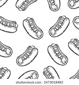 Hand Drawn Doodle Hot Dog Seamless Pattern. Line Art Hot Dog Repeat Pattern Background