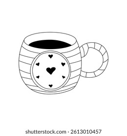 Hand drawn doodle hot drink mug with stripes and hearts pattern.  Cute cup with coffee or tea. Isolated on white background