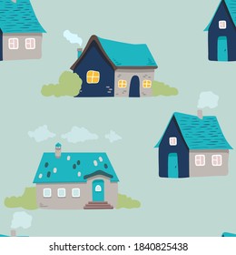 hand drawn doodle house background. Vector seamless pattern. cute houses on blue. illustration. Textured background for poster, card textile, wallpaper template