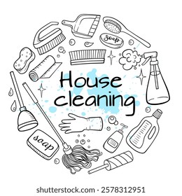 Hand drawn doodle house cleaning round banner. Cleaning service. Vector illustration.