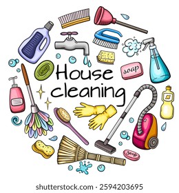 Hand drawn doodle house cleaning round banner. Cleaning service. Vector illustration.