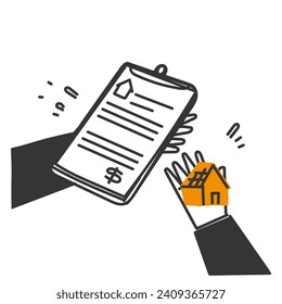 casa de doodle dibujada a mano con ilustración del precio del documento