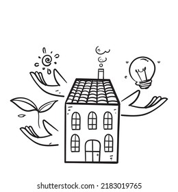 hand drawn doodle house with electric bulb and plant symbol for eco living illustration