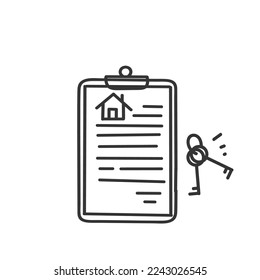 handgezeichnete Doodle-House-Form-Vertragsunterlage, Zwischenablage und Schlüsselgrafik, Vektorgrafik
