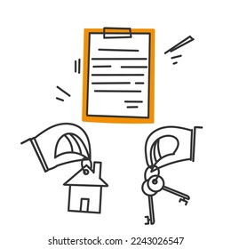 hand drawn doodle house form contract document clipboard and key illustration vector