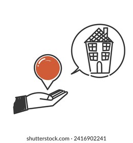 hand drawn doodle house and map pin location gps symbol for house location icon