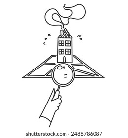 hand drawn doodle house and map  search with magnifying glass symbol for searching house position