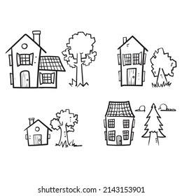 imagen de la casa de doodle dibujada a mano y de la colección de árboles aislada