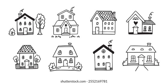 Hand drawn doodle house vector set. Outline houses black and white line vector illustration