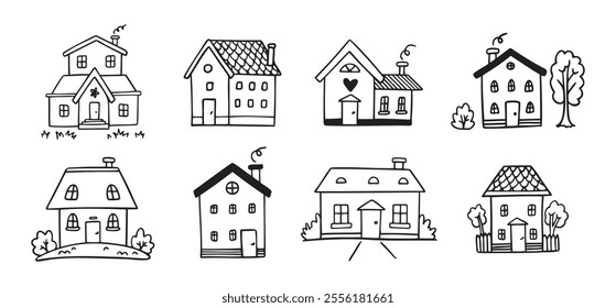 Hand drawn doodle house vector set. Outline houses black and white line vector illustration