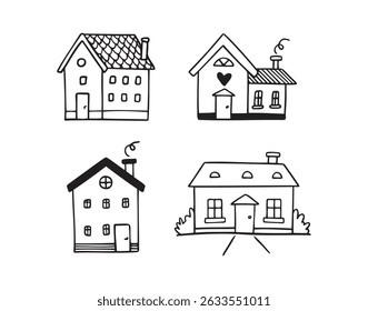 Conjunto de Vector de casa doodle dibujado a mano. Outline casas línea blanca y negra Ilustración vectorial