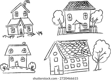 Conjunto de Vector de casa doodle dibujado a mano con casas de contorno en blanco y negro, ilustración de línea de estilo de boceto para uso inmobiliario y de diseño.