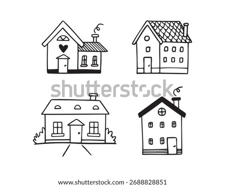 Hand drawn doodle house vector set. Outline houses black and white line vector illustration