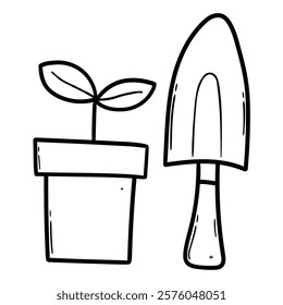 Hand drawn doodle houseplant with shovel isolated on white background. Vector illustration.