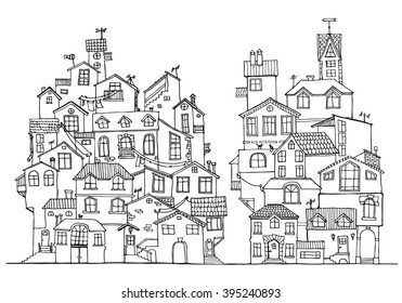 Hand drawn doodle houses in black and white.  Adult coloring page. Zentangle coloring book. Vector Illustration.