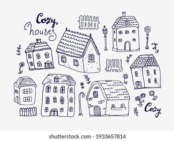 Hand drawn doodle houses. City street pattern in black and white. Flowers, herbs, fense, lantern, lettering. Vector urban icon set. Street constructor.