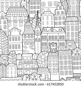 Hand drawn doodle houses. Seamless background in black and white. Can be used for school books, poster and background Drawing Doodle.
