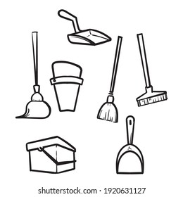 hand drawn doodle Housework cleaning equipment, broom and mop illustration vector isolated