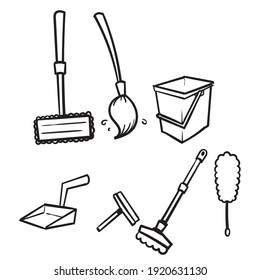 doodle dibujado a mano Equipo de limpieza del hogar, vector de ilustración de escoba y mop aislado