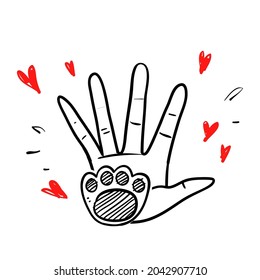 hand drawn doodle human hand and animal paw illustration vector isolated