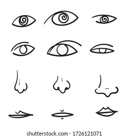 hand drawn doodle human eyes nose lips illustration 