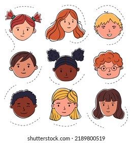 Hand drawn doodle human faces. Color portraits of boys and girls of different nationalities on a white background. Vector