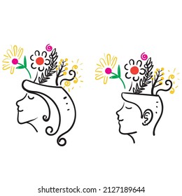 doodle dibujado a mano humano con símbolo de pensamiento floral para la salud mental, felicidad, armonía icono creativo