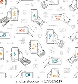 Hand Drawn Doodle Human Hands Holding Smartphone and Social Media Icons Seamless Pattern. Vector illustration