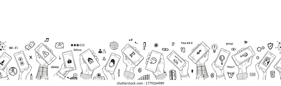 Hand Drawn Doodle Human Hands Holding Smartphone and Social Media Icons. Web Banner Horizontal Border Seamless Pattern. Vector illustration