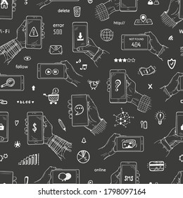 Manos humanas de caricatura dibujadas a mano que sostienen un patrón impecable de iconos de los medios sociales y smartphones. Ilustración del vector