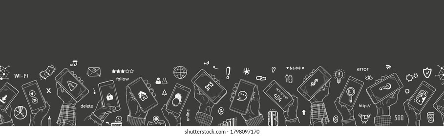 Hand Drawn Doodle Human Hands Holding Smartphone and Social Media Icons. Web Banner Horizontal Border Seamless Pattern. Vector illustration
